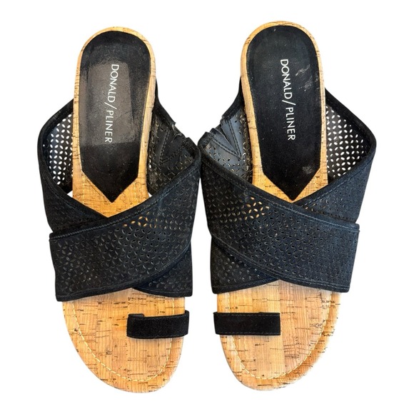 Donald J. Pliner Wedges Women 9.5 M Black Suede Crisscross Toe Ring Cork Sandals - Picture 4 of 11